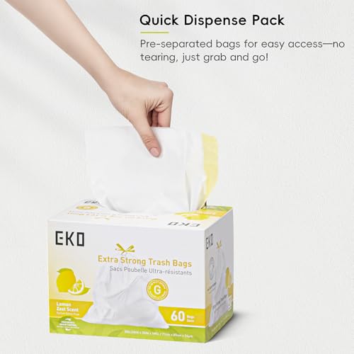 21 Gallon / 50-90 Liter, 60 Count Drawstring Trash Bags, Extra-Strong Garbage Bags, Lemon Zest Scent with Continuous Odor Control, Easy-Dispense Roll for Kitchen and Household Use, Code G, White (60 Count (Pack of 1) / 21 Gallon Bags/Code G (Lemon))