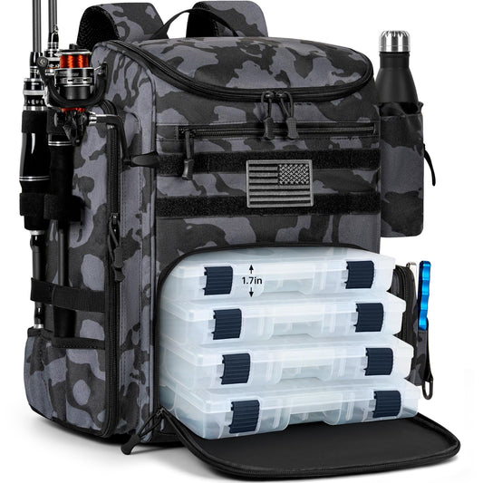 40L Tackle Fishing Backpack with 2 Rod Holders (Black Camo)