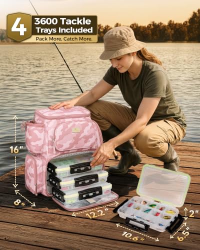 Pro Pink Fishing Backpack for Women with 4 Trays & Rod Holders (Pink Camouflage)