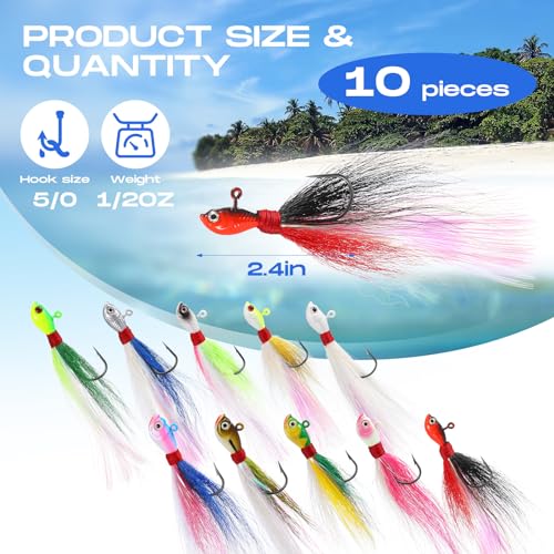 10 Pcs Bucktail Jigs Saltwater Hair Jig Fishing Lures (1/2 oz)