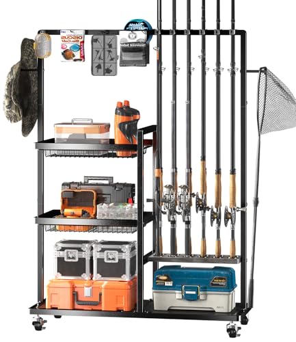 Fishing Rod Holders for Garage (Black / Standard with baskets)
