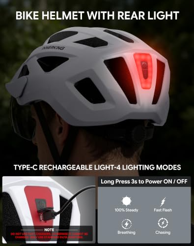 Adult Bike Helmet Rear Light & OTG Magnetic Goggles for Men Women (White&Clear / Large)