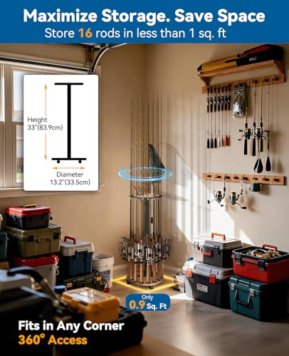 Fishing Rod Holder Pole Rack for Garage with Wheels (Natural Wood Grain)