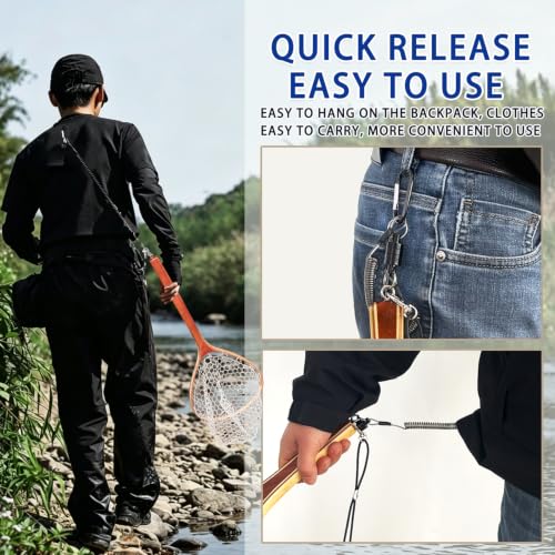 Fly Fishing Landing Net Trout Soft 23.62in Rubber Catch and Release Fish Net with Wooden Handle Frame Magnetic Fly Fish Net