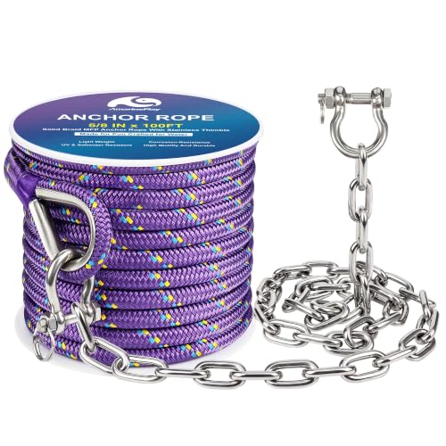 Boat Anchor Rope and Chain Kit (5/8 Inch 100 FT Rope with 5/16Inch 6FT Chain)