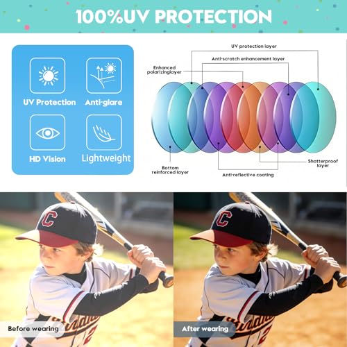 Kids Sunglasses Youth Baseball Sun Glasses for Boys Girls Cycling Sports UV400 Protection Goggles Ages 3
