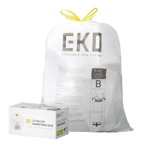 2.6 Gallon / 7-10 Liter, 80 Count Small Drawstring Trash Bags, Extra-Strong Unscented Garbage Bags, Easy-Dispense Roll for Kitchen & Household Use, Resists Tears, Leaks and Punctures, Code B White (80 Count (Pack of 1) / 2.6 Gallon Bags/Code B)