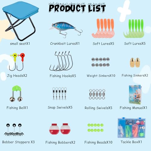 Kids Fishing Pole Set (Blue Pole Set with Folding Stool / 1.2M 3.9FT)
