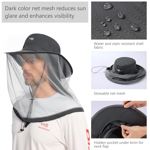 UPF 50+ Mosquito Net Hat with Stowable Neck Flap for Men Women Outdoor Fishing Hiking Camping Gardening FH17 Dark Grey (Large / Dark Grey)