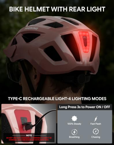 Adult Bike Helmet Rear Light & OTG Magnetic Goggles for Men Women (Pink / Medium)