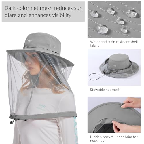 UPF 50+ Mosquito Net Hat with Stowable Neck Flap for Men Women Outdoor Fishing Hiking Camping Gardening FH17 Light Grey (Medium / Light Grey)
