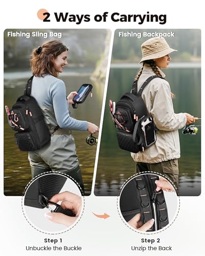 Womens Fishing Sling Bag with Phone Pouch (Black-pink / 14.1 X 8.7 X 5.7 inches)
