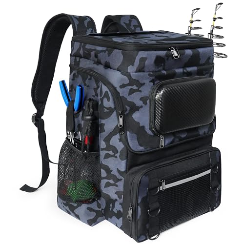 Fishing Backpack with Rod Holder (Camo Black without Tackle Boxes or Fishing Tools)