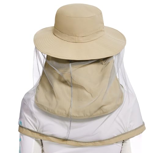 UPF 50+ Mosquito Net Hat with Stowable Neck Flap for Men Women Outdoor Fishing Hiking Camping Gardening FH17 Khaki (Medium / Khaki)
