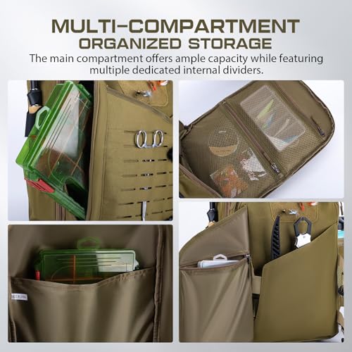 Khaki Tackle Bag with Trays Rod Holder 900D Durable Fishing Tackle Storage Bag for Kayak (Khaki / 900d Water-resistant Oxford Backpack + (3)3600 Trays)