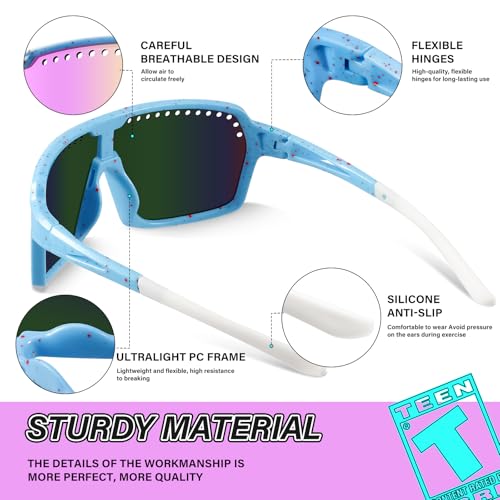 3Pack Polarized Kids Sunglasses UV400 for Youth Softball Running Cycling (7425-blue)