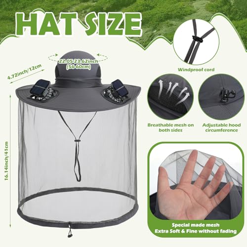 Mosquito Hat with Net 2 Solar Fan Wide Brim Bug Sun Hat Netting UPF 50+ for Fishing Hiking Garden (Dark Gray)