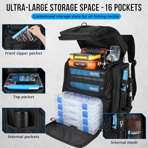 Fishing Tackle Backpack with Rod Holders (Black)