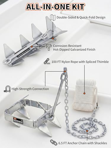19 LB Box Anchor Kit with 100 FT Nylon Rope & Anchor Chain (19 LB - for Boats Up to 32 FT)