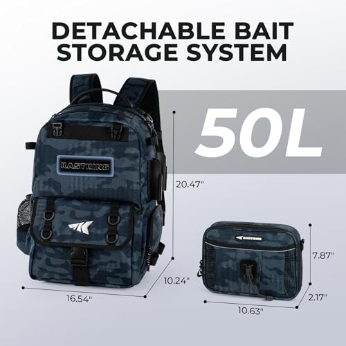 BaitSpace 50L Fishing Backpack with 2 Rod Holders (G: Blue Camo / Without tackle box)