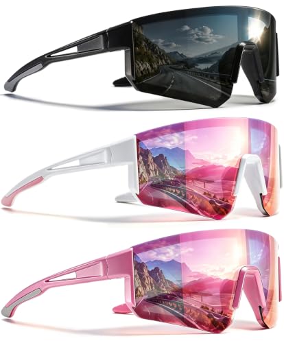 3 Pack Polarized Sports Sunglasses UV400 (A2-black+white Pink+pink)