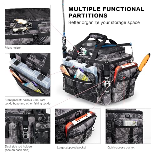 Fishing Tackle Bag with Rod Holders & Cooler Main Compartment (Camouflage Black)
