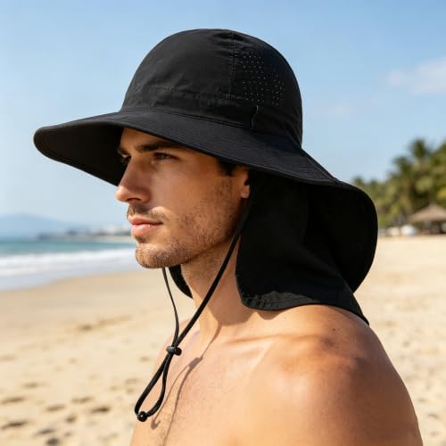 2Pack Sun Hat for Men Women with Neck Flap (2pcs-black&gray)