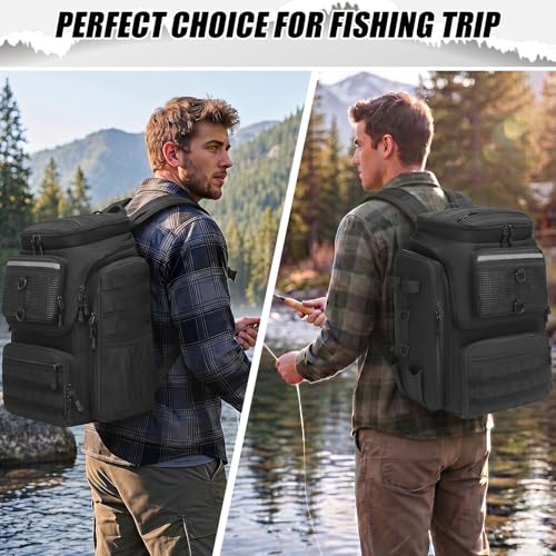 Fishing Backpack with Rod Holders (Black (4 Tackle Boxes Included))