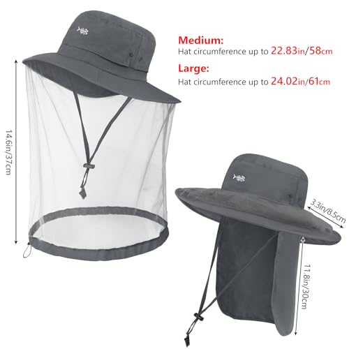 UPF 50+ Mosquito Net Hat with Stowable Neck Flap for Men Women Outdoor Fishing Hiking Camping Gardening FH17 Dark Grey (Medium / Dark Grey)