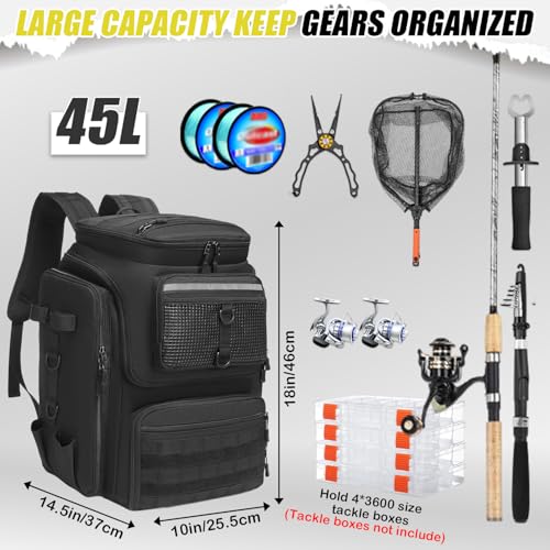 45L Fishing Backpack with Rod Holders & Built (Black)