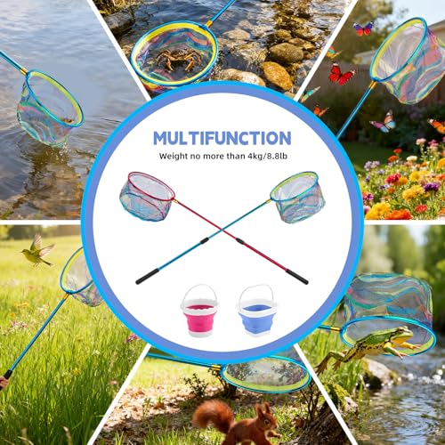 2PCS Telescoping Kids Fishing Net with Handle and Collapsible Bucket Kits (Blue & Red)