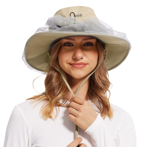 UPF 50+ Mosquito Net Hat with Stowable Neck Flap for Men Women Outdoor Fishing Hiking Camping Gardening FH17 Khaki (Medium / Khaki)