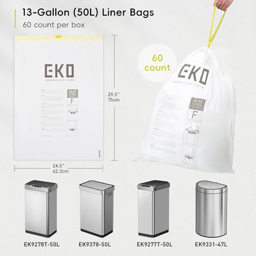 13 Gallon / 40-60 Liter, 60 Count Drawstring Trash Bags, Extra-Strong Unscented Garbage Bags, Easy-Dispense Roll for Kitchen & Household Use, Leak-Resistant, Code F, White (60 Count (Pack of 1) / 13 Gallon Bags/Code F)