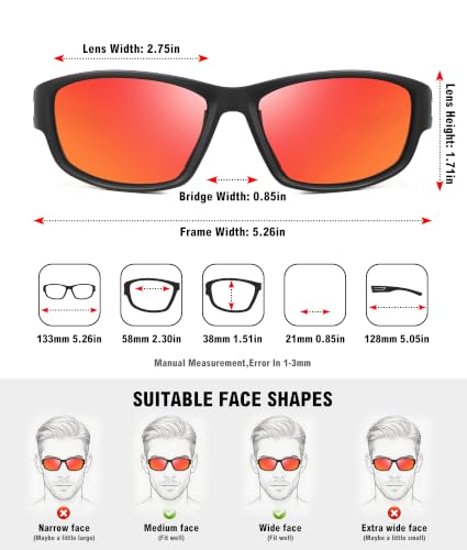 Sports Sunglasses for Men Women Polarized Classic Wrap Around Driving Cycling Golf Fishing Sun Glasses UV Protection 1 (1-black/Red Mirror Lens)