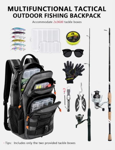 2 in 1 Compact Tactical Fishing Backpack with Tackle Boxes (Gray)