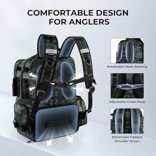 BaitSpace 50L Fishing Backpack with 2 Rod Holders (F: Black Camo / Without tackle box)