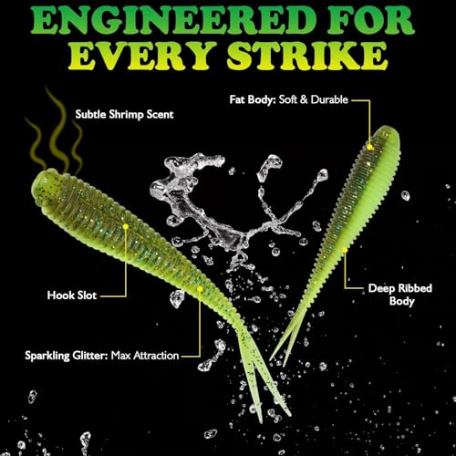Soft Plastic Baits Forked Tail Fishing Soft Bait for Bass Walleye Trout Crappie Lures Green Flash (Green Flash / 3.5in-30pcs)