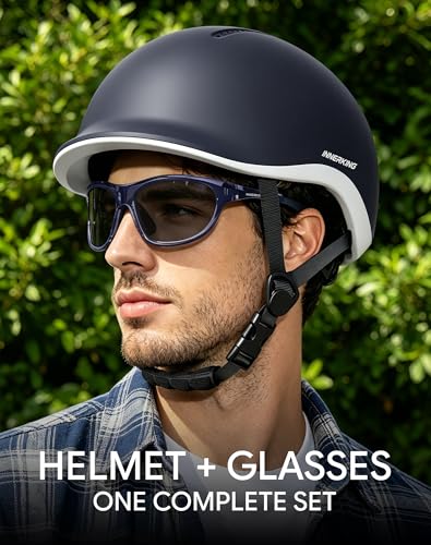 Adjustable Adult Bike Helmet and Sunglasses Set for Women and Men (Matte Navy Blue / Medium)