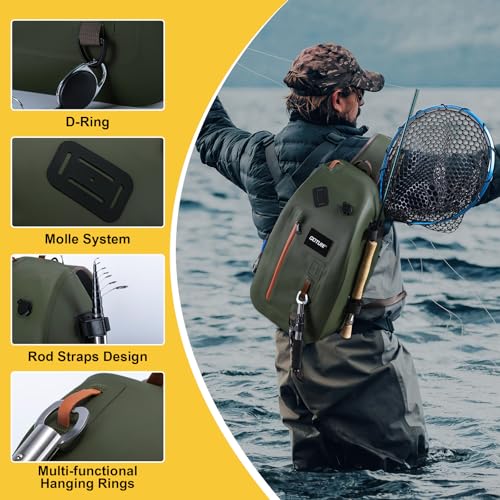 Waterproof Fly Fishing Sling Pack (C1:13L Green Waterproof Bag & Wader Bag)