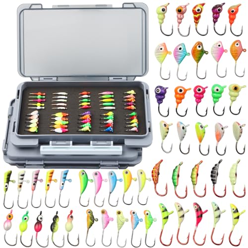 Ice Fishing Jigs Kit 100pcs Lures Bait Icefishing Set Crappie Jig Hooks Gear Accessories for Walleye Panfish with Tackle Box Gifts for Men