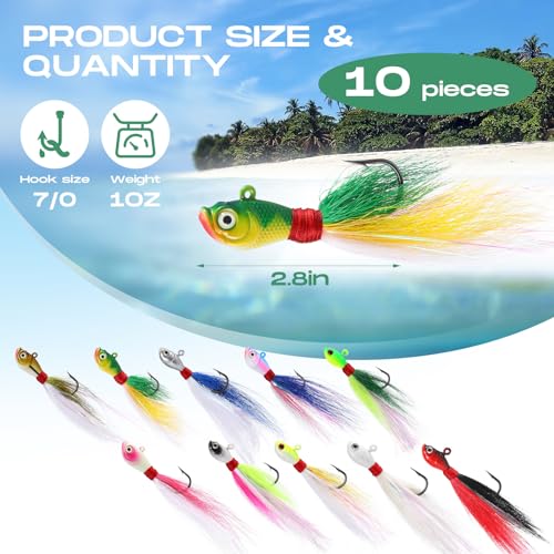 10 Pcs Bucktail Jigs Saltwater Hair Jig Fishing Lures (1 oz)