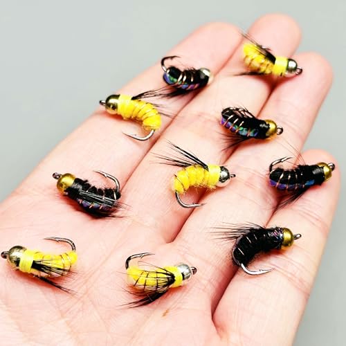 10Pc Fishing Lure #8 Bright Colors Brasshead Bionics Humpy Fly Nymph Wet Flies Insect Bait Pike Trout Salmon Bass Fly Fishing Flies (Yellow&Black)