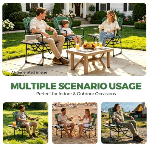 2 Pack Camping Chairs with Side Table & Cup Holder 400 lbs (Green)