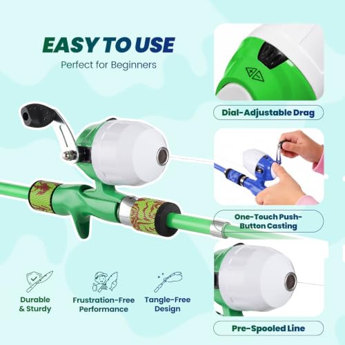 Kids Fishing Pole (Blue & Green / 3.94-ft Set + Chair + Hat)