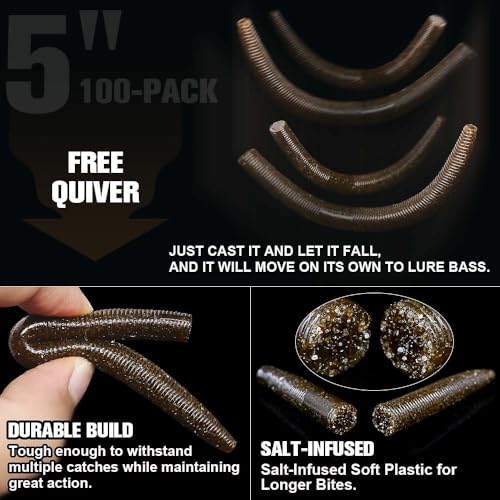 Wacky Worms Soft Plastic for Bass Fishing Lures (2-Green Pumpkin w/black flake / 5")