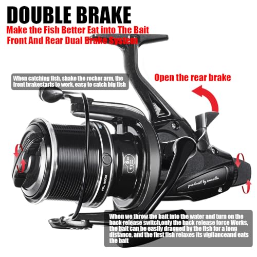 Double Brake Spinning Reel Heavy Duty Metal Body with CNC Machined Spool 55LB Max Drag 6+1 BB Smooth 4.1
