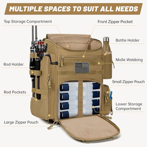 40L Tackle Fishing Backpack with 2 Rod Holders (Khaki)