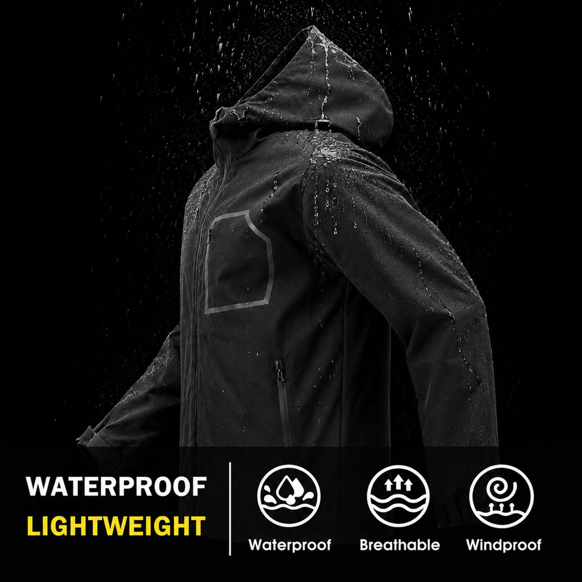 Men's Rain Jackets Waterproof with Hood Reflective Lightweight (Small / Black)