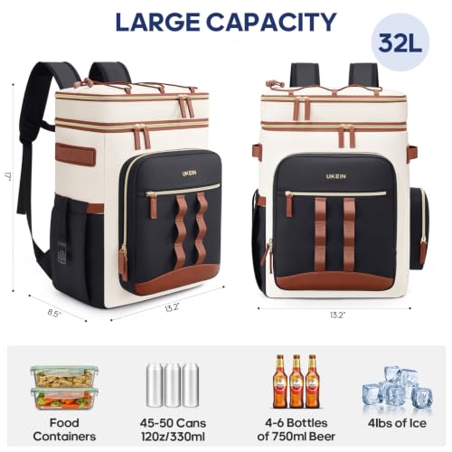 Backpack Cooler Insulated Leakproof 50Cans Lunch Ice Chest Bag Double Deck (White)