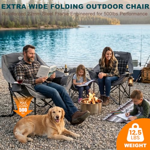 2 Pack Oversized Camping Chairs for Adults Heavy Duty Padded Lawn Chair (Grey / 2 PACK)